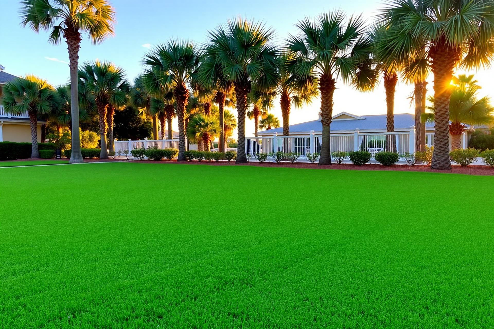 Freshly mowed coastal lawn lined with palm trees